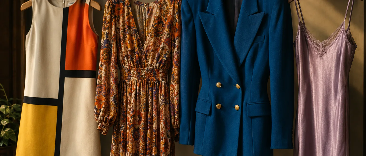 Cuatro prendas colgadas en perchas de madera: vestido de bloques de color de los 60, vestido de flores de los 70, americana azul cruzada de los 80 y vestido lencero lila de los 90