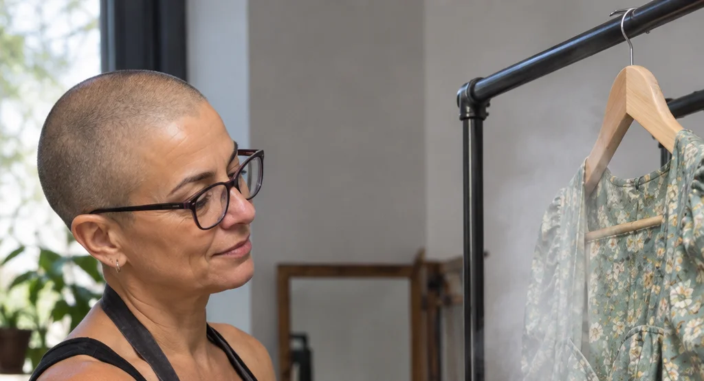 Marta, con gafas y delantal gris, pasa la plancha de vapor a un vestido verde de flores colgado en la barra