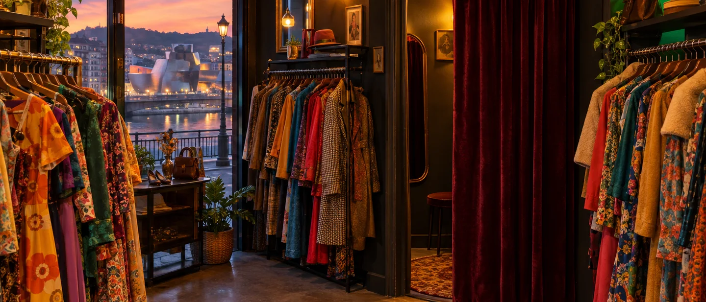 Interior de la tienda al atardecer: barras de vestidos estampados a los lados y probador con cortina de terciopelo granate al fondo