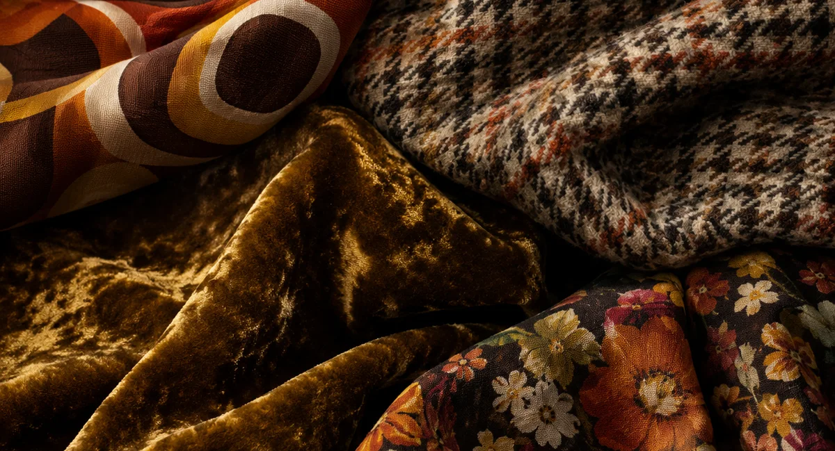 Tejidos sobre la mesa de trabajo: estampado geométrico marrón y naranja, pata de gallo, terciopelo dorado y algodón de flores
